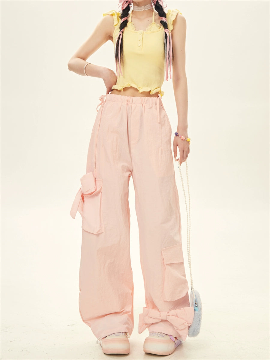 Summer Pink Yellow Bow Cargo Pants