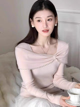 Pearl Bow Off-Shoulder Knit