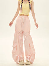 Summer Pink Blue Drawstring Tie Cargo Pants