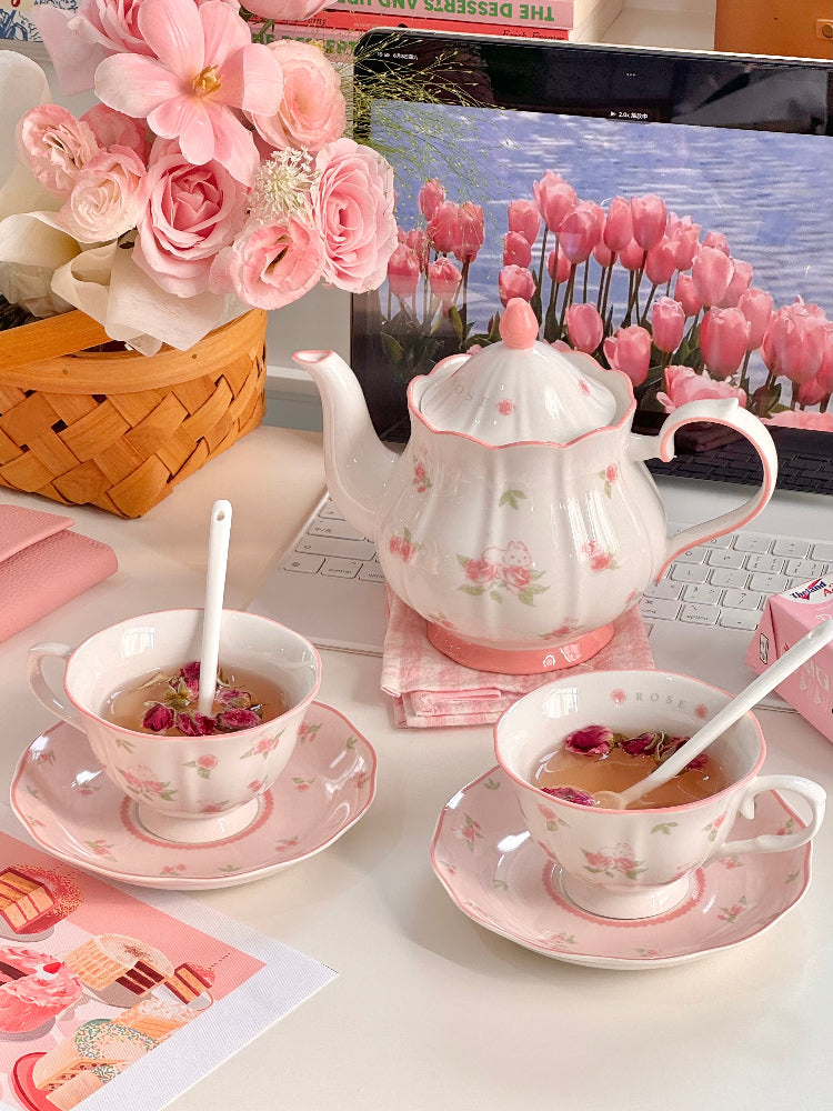 Cute Pink Rose Rabbit Ceramic Teapot Set