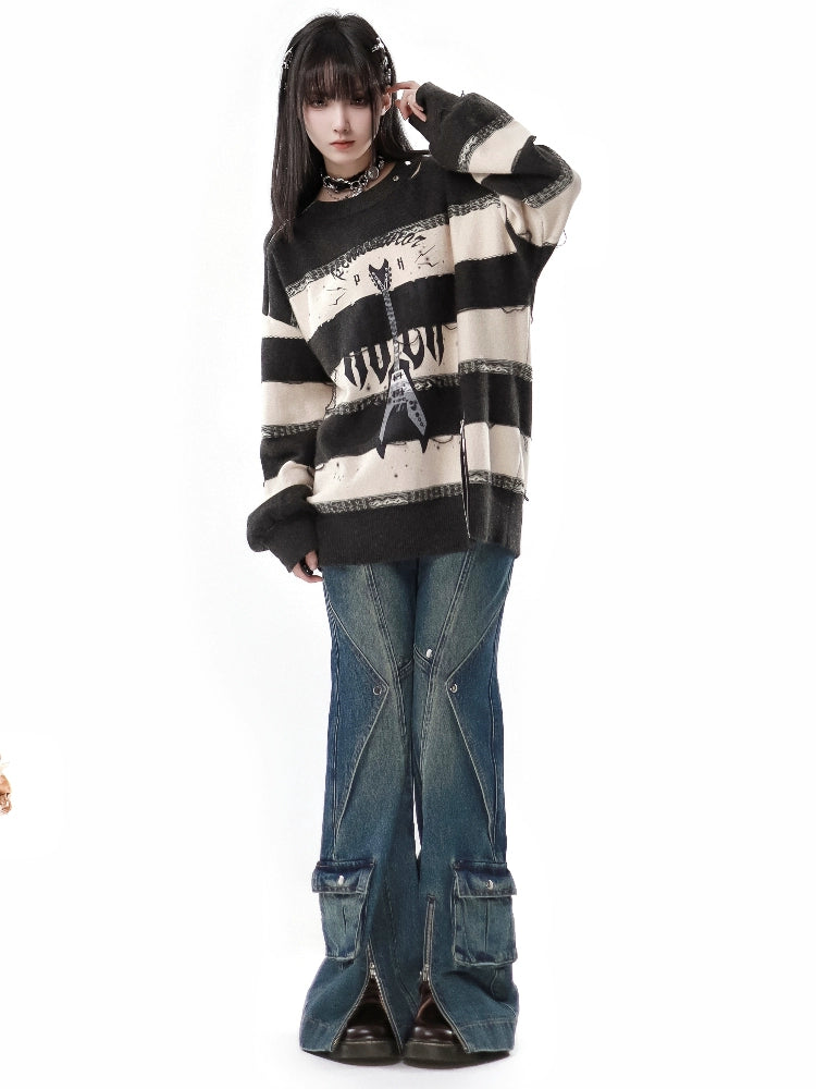 Zipper Decoration Guitar Stripe Sweater Skirt