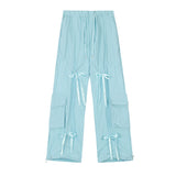 Summer Pink Blue Drawstring Tie Cargo Pants