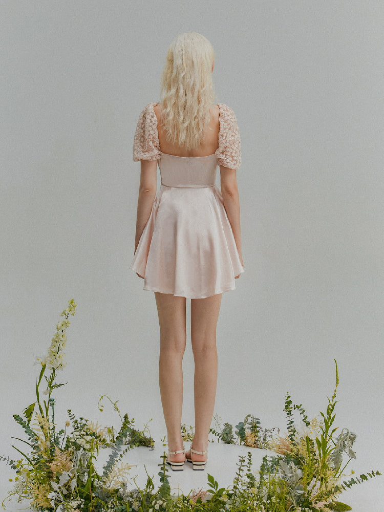 Rosette Puff-Sleeve A-Line Dress