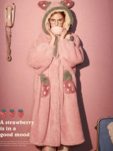 Pink Strawberry Hooded Ears Fluffy Warm Nightgown