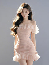 Ruched Off-Shoulder Ruffle Mini Dress