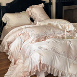 Floral Sweet Silk Embroidered Frill Bedding Set