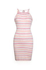 Pastel Striped Lace-Up Bodycon Dress