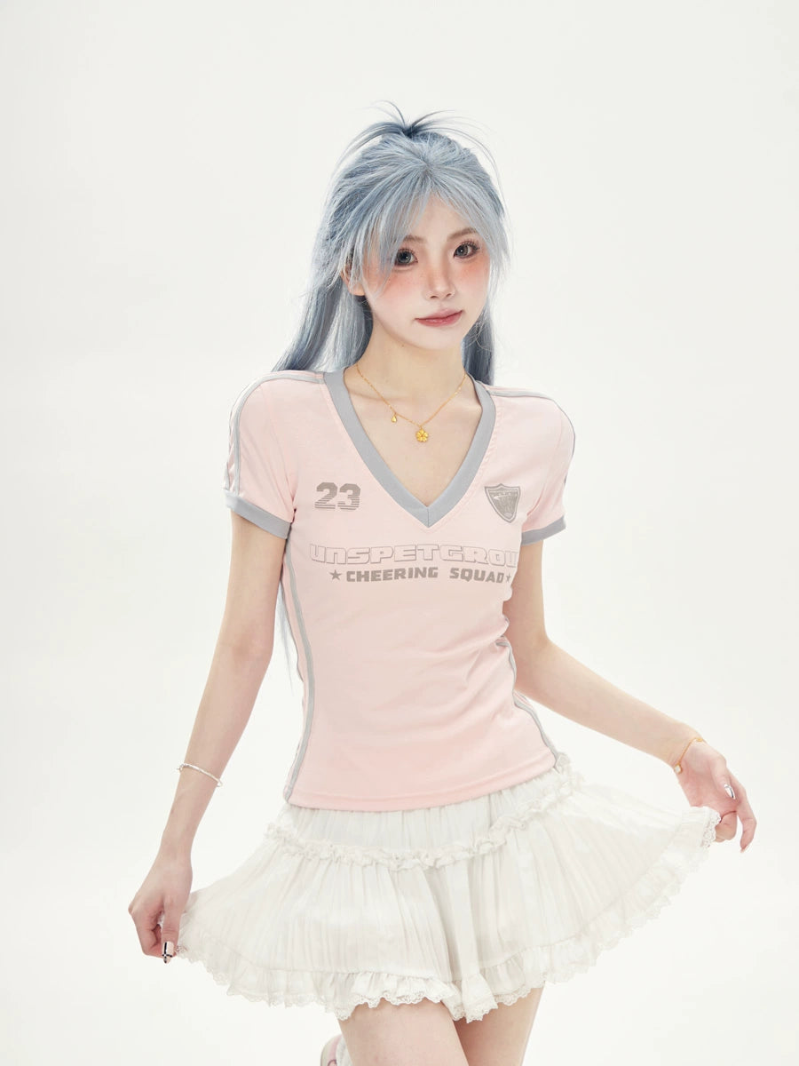 Pastel Pink Blue V-neck T-shirts