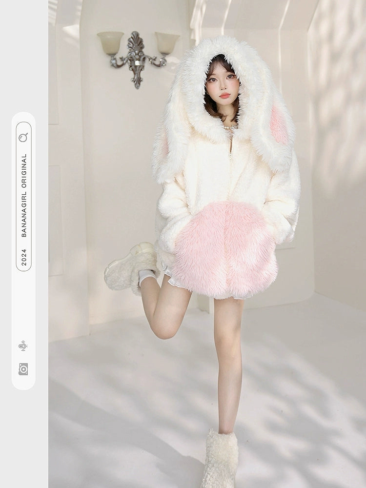 Pink Bunny Plush Hoodie Jacket Nightgown