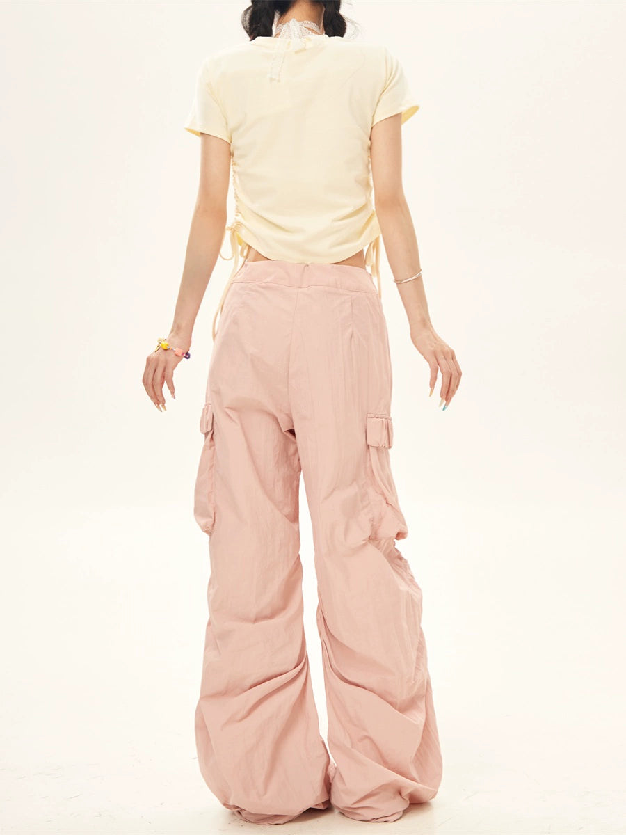 Summer Lovely Pink Gray Lace Cargo Pants