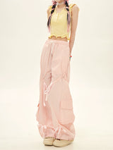 Summer Pink Blue Drawstring Tie Cargo Pants