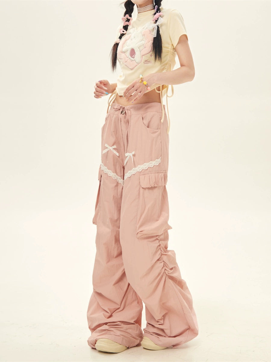 Summer Lovely Pink Gray Lace Cargo Pants