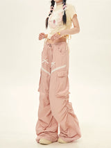 Summer Lovely Pink Gray Lace Cargo Pants