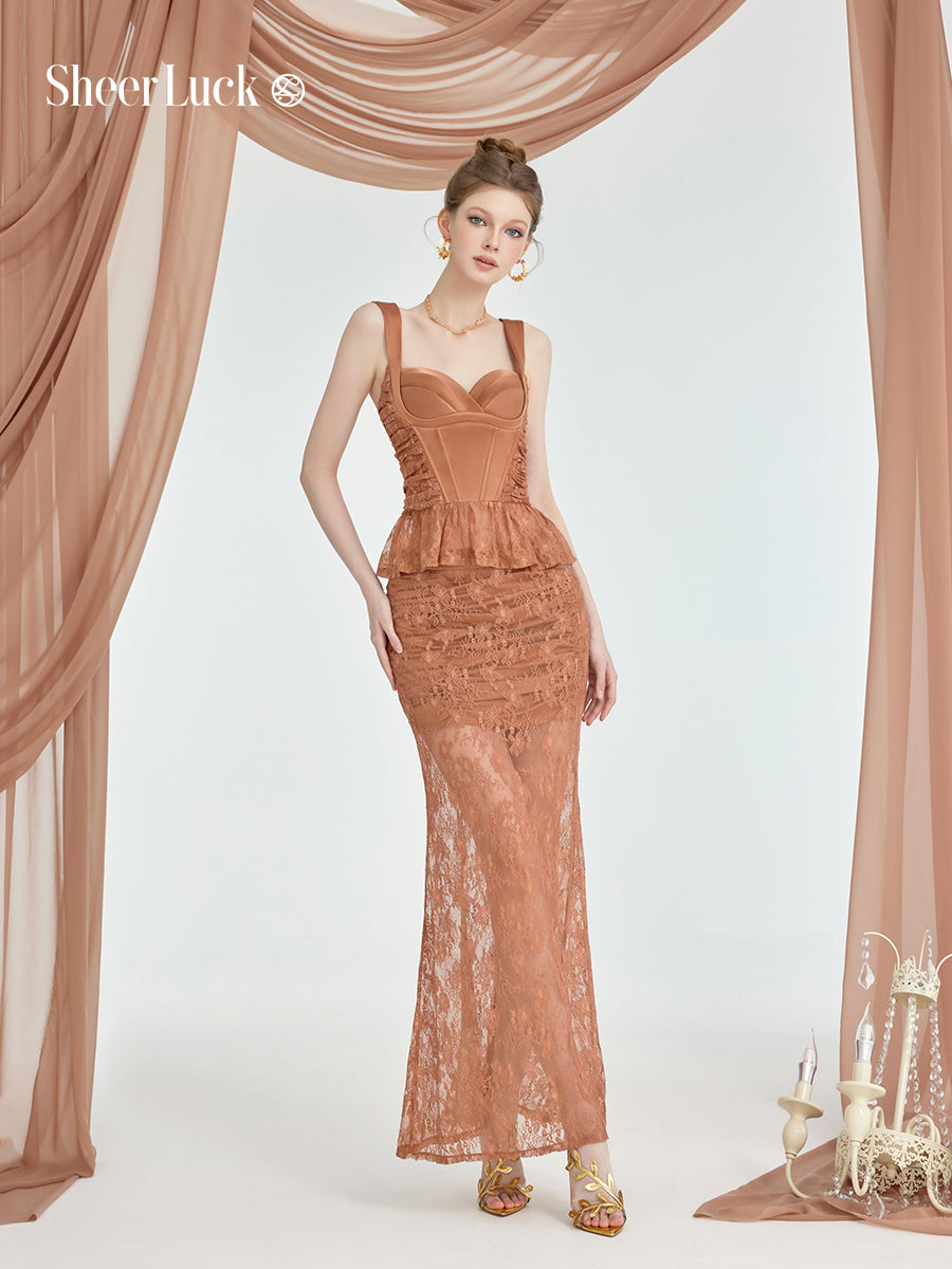 Sheer Luck Lefae lace satin panels with fishbone vibe suit skirt strap duo for summer