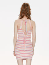 Pastel Striped Lace-Up Bodycon Dress