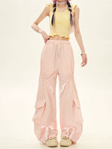 Summer Pink Blue Drawstring Tie Cargo Pants