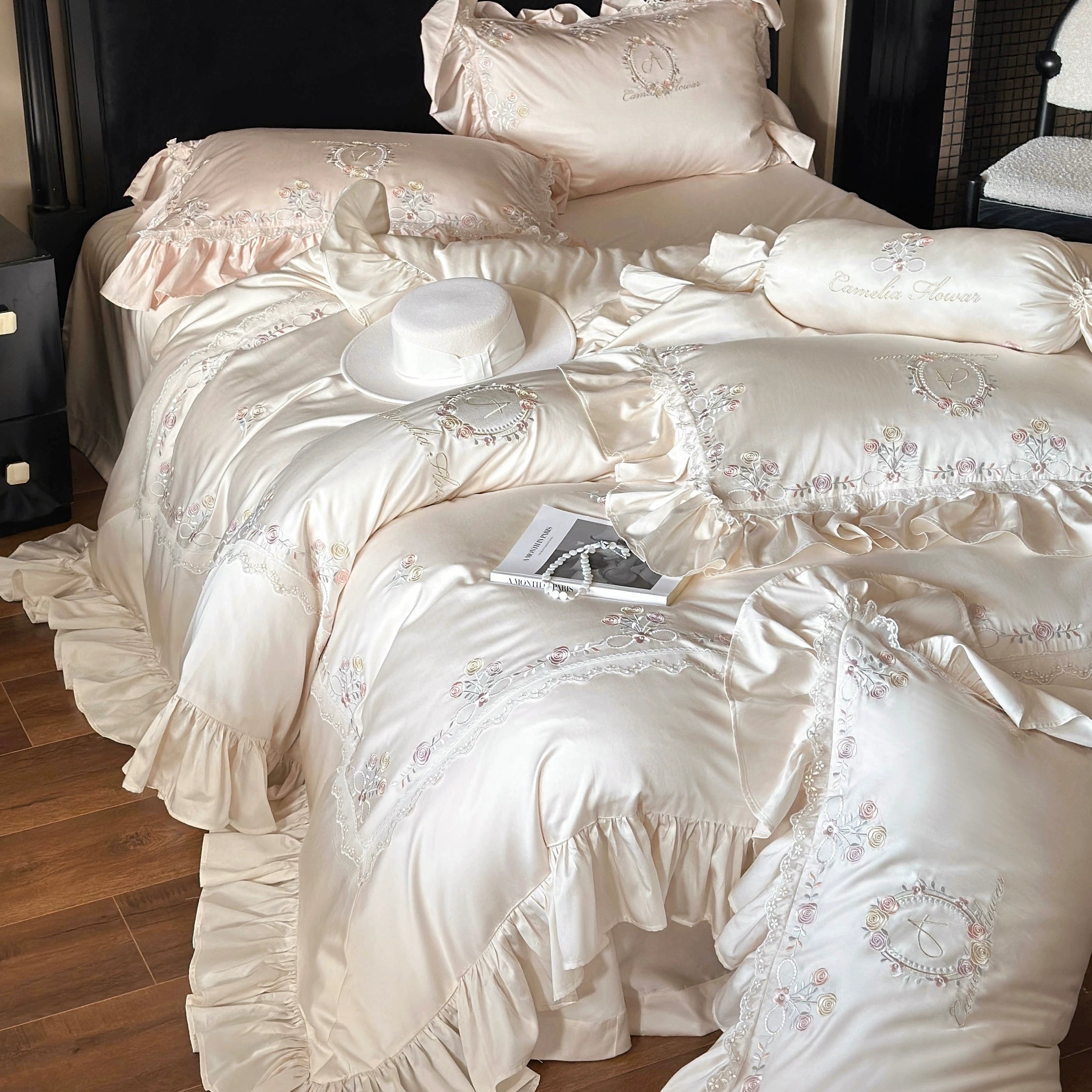 Floral Sweet Silk Embroidered Frill Bedding Set