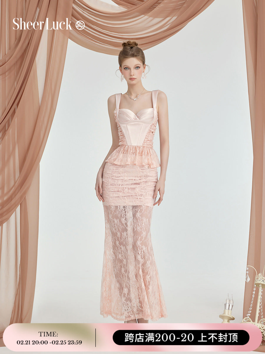 Sheer Luck Lefae lace satin panels with fishbone vibe suit skirt strap duo for summer