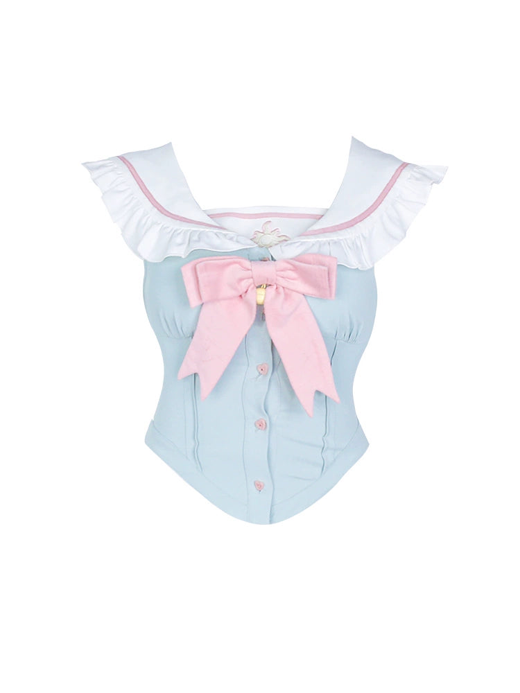 Sweet School Girl Blue Shirt Top Pink Cake Skirt