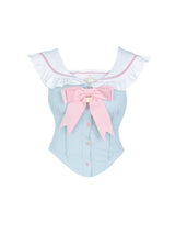 Sweet School Girl Blue Shirt Top Pink Cake Skirt