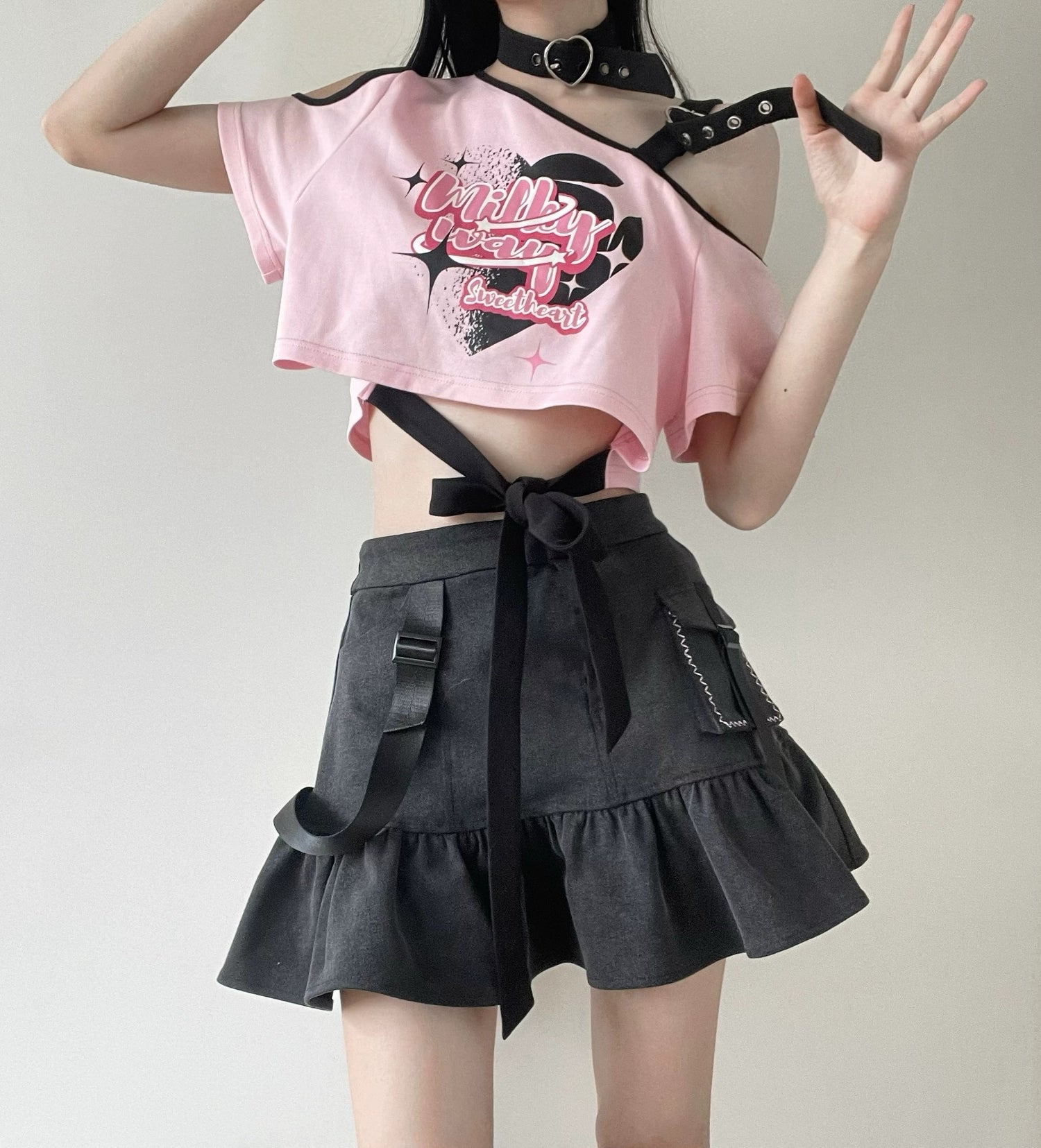 Pink Off Shoulder Strap T-Shirt Skirt Set