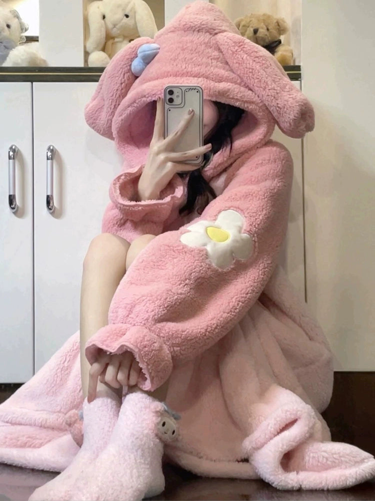 Cute Hooded Ears Pink Rabbit Warm Fluffy Pajama Nigthgown