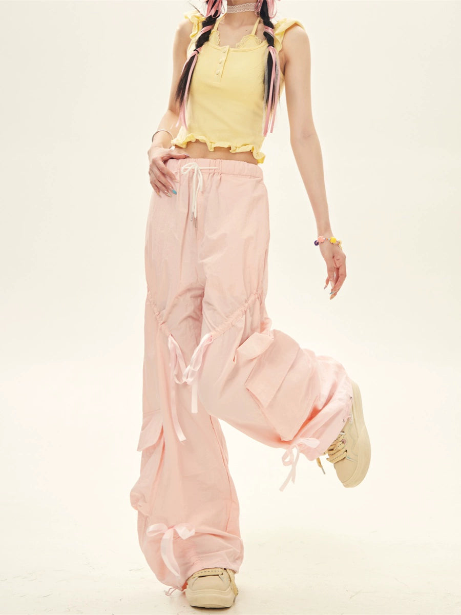 Summer Pink Blue Drawstring Tie Cargo Pants