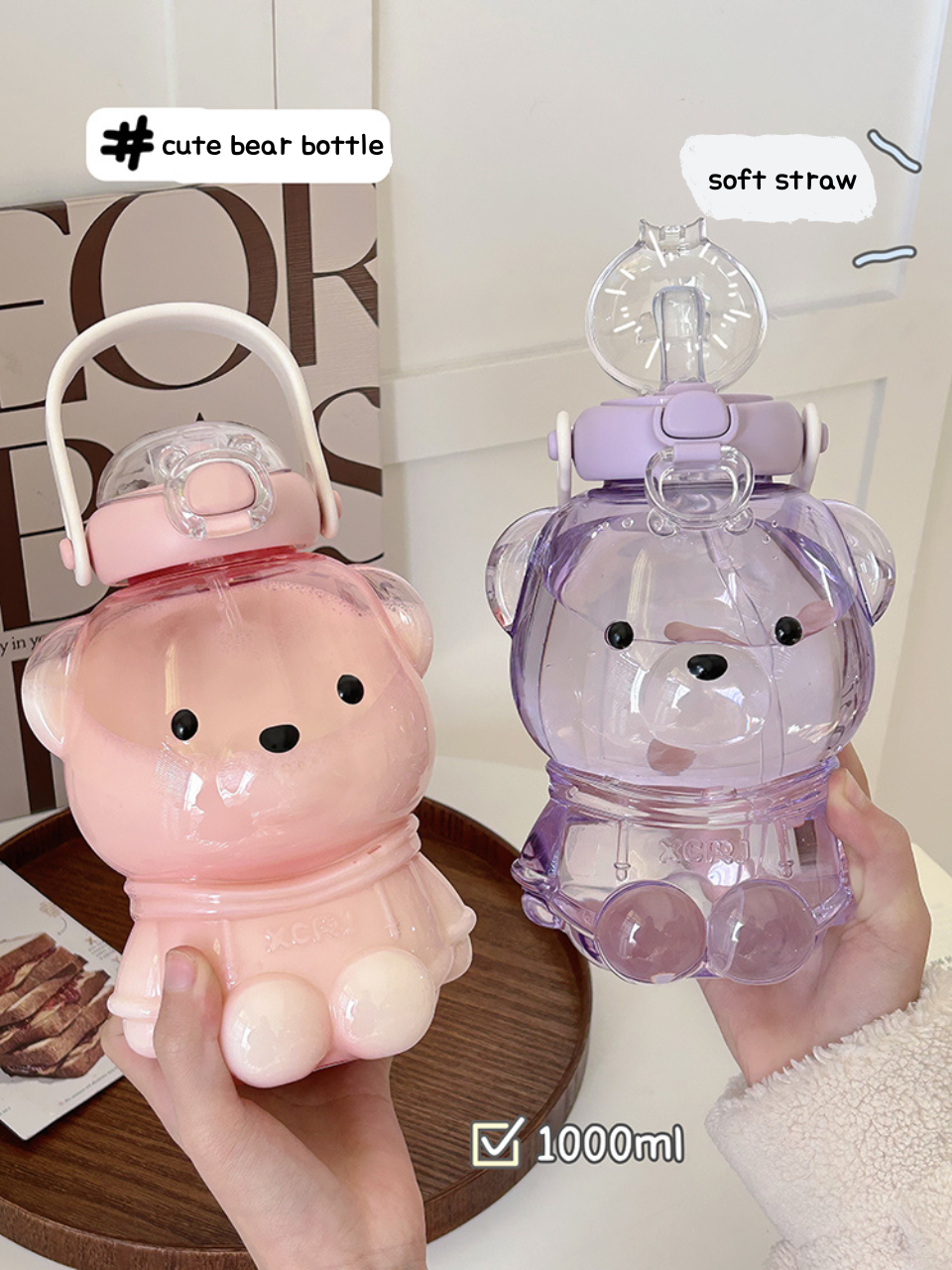 1000ML Portable Cute Bear Straw Milk Water Bottle