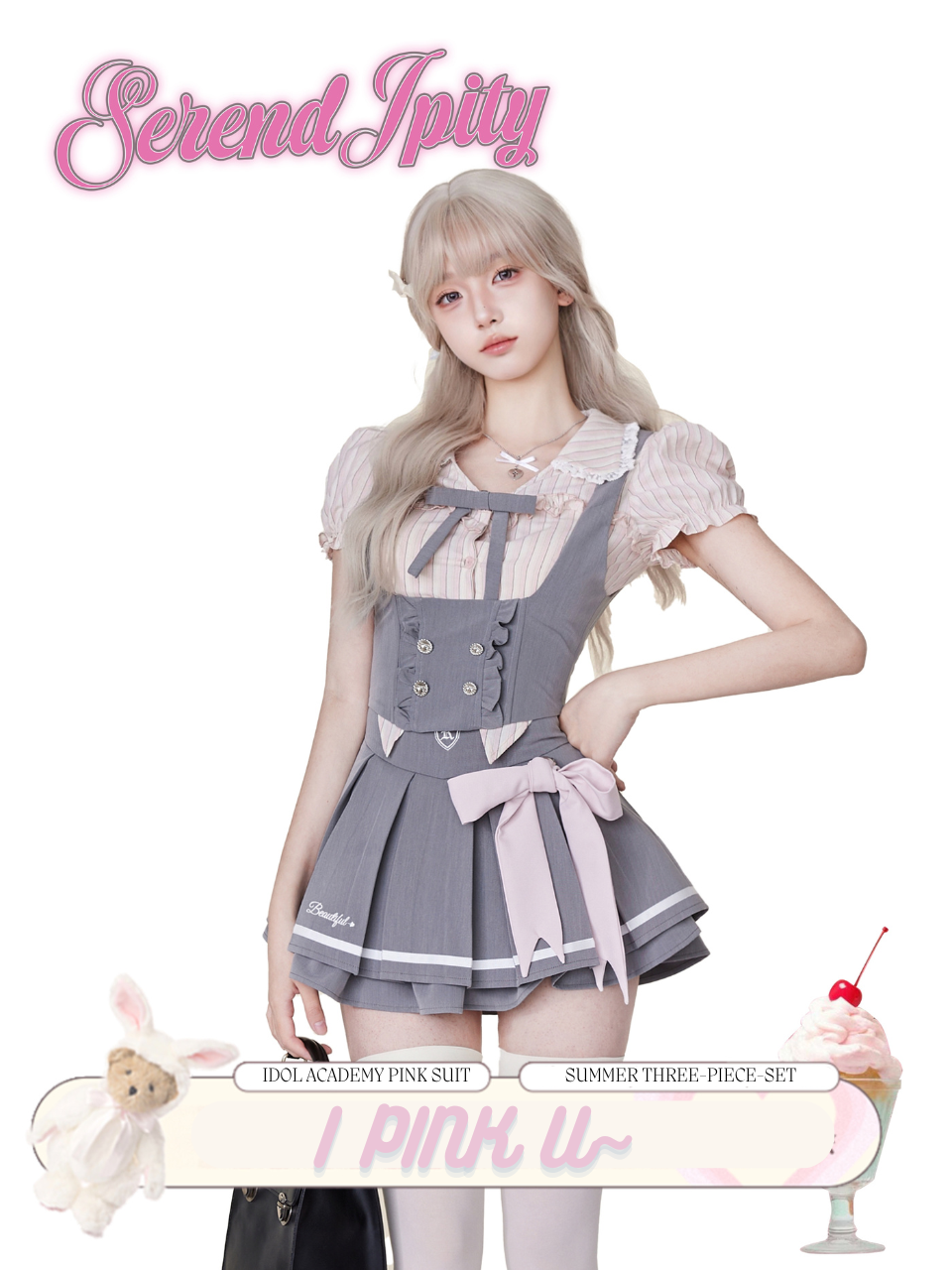 Idol Academy Summer Suit Pink Striped Shirt + Gray Vest + Gray Skirt Three-Piece Set