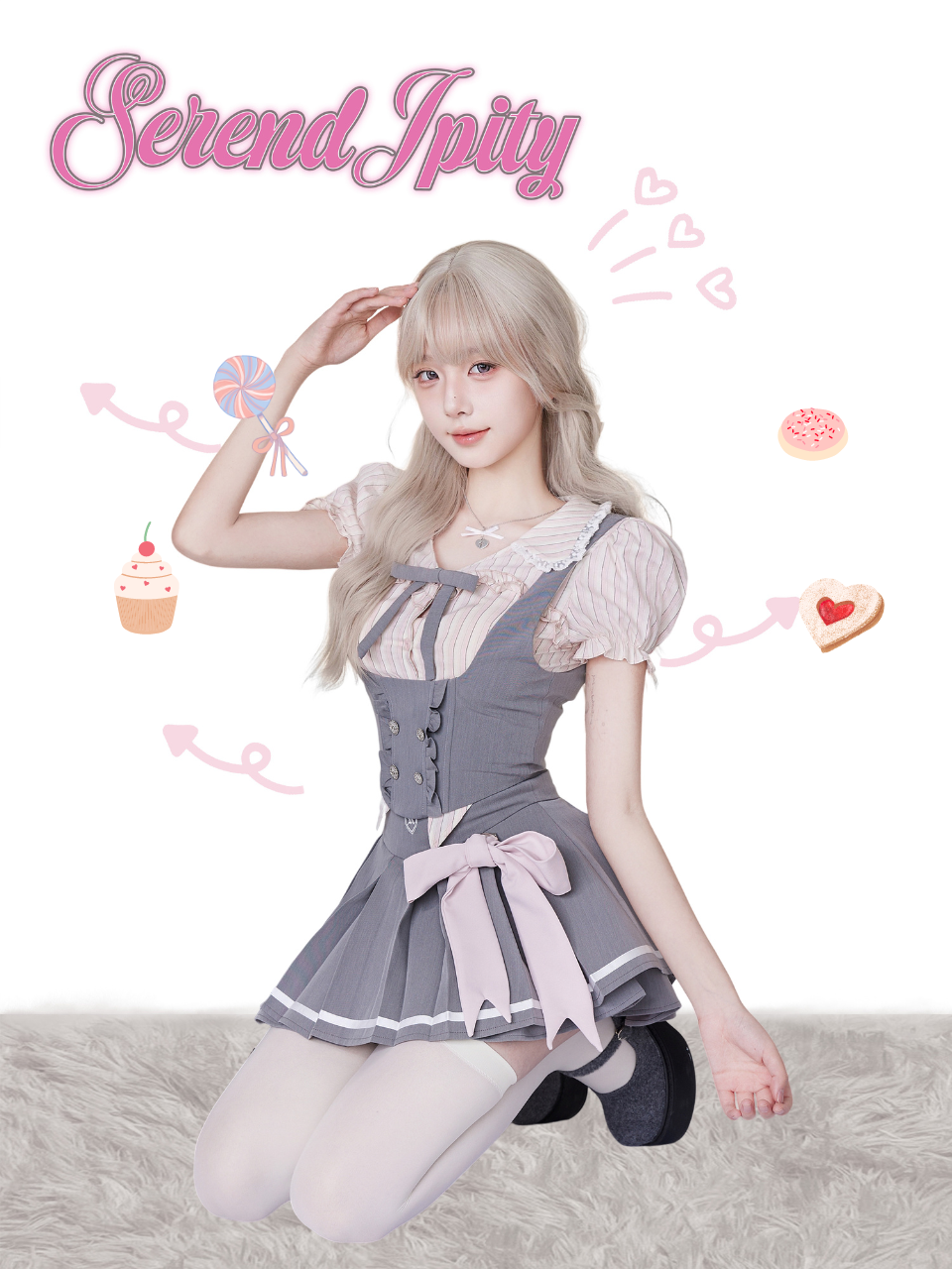 Idol Academy Summer Suit Pink Striped Shirt + Gray Vest + Gray Skirt Three-Piece Set