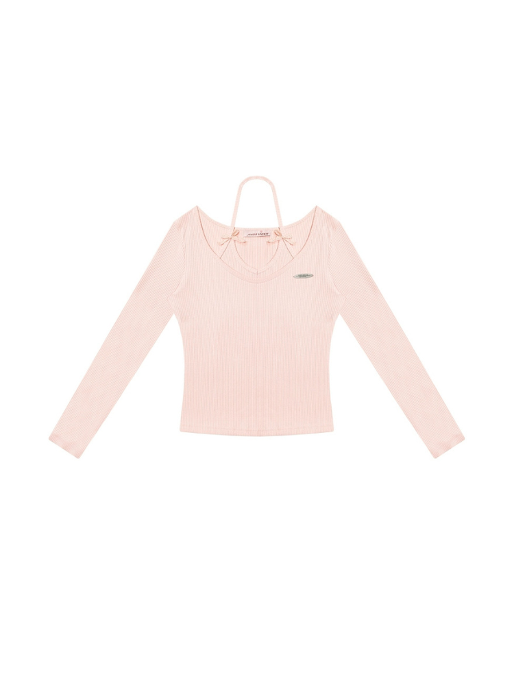 Soft Pink Ribbed Knit Bow-Tie Top