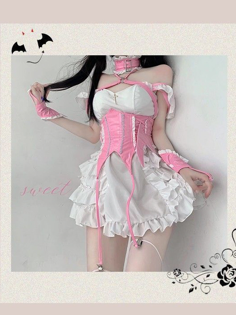 Japanese Little Wings Devil Lolita Maid Pink Black Red Set